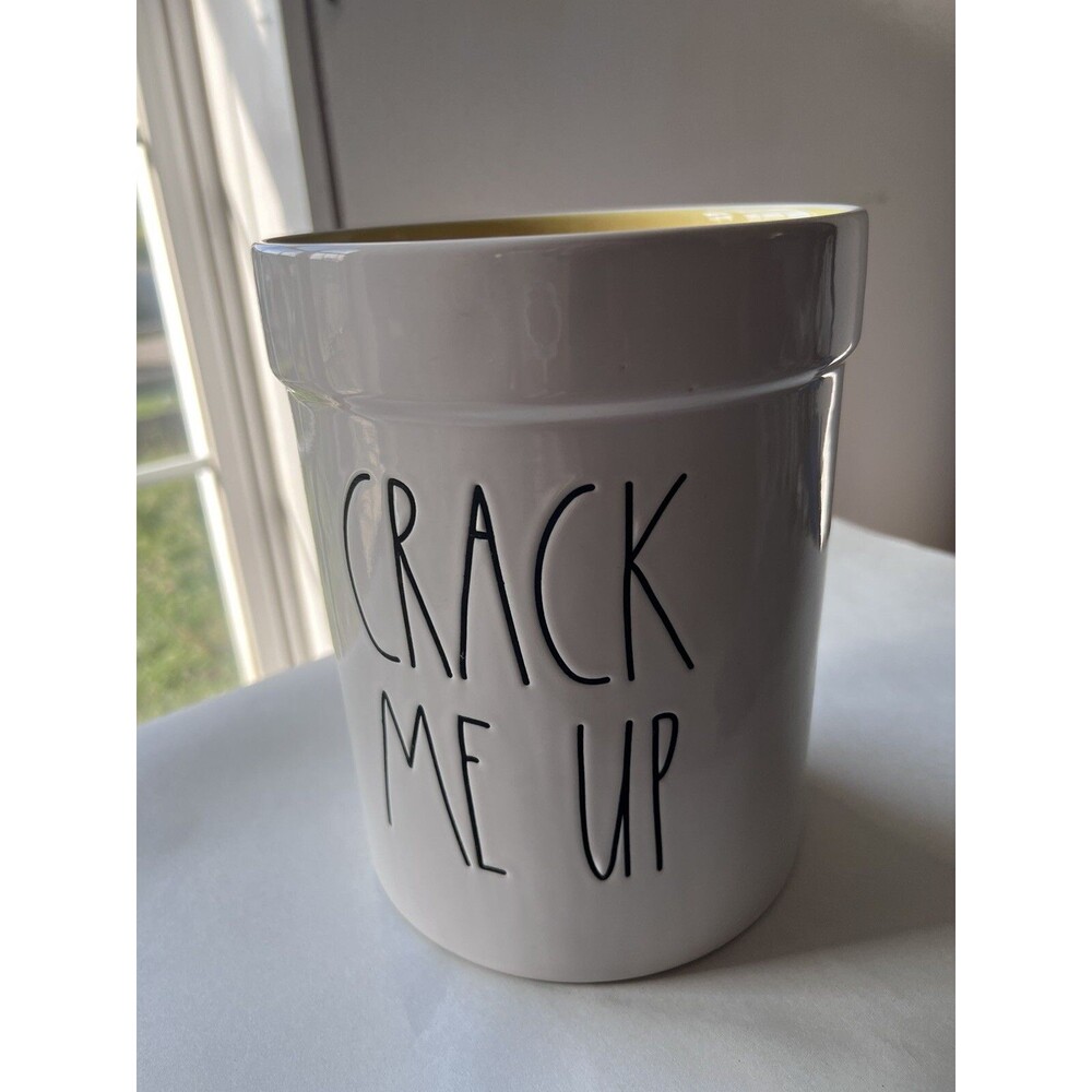 Rae Dunn Large Utensil Canister Crock Easter “Crack Me Up” White & Yellow